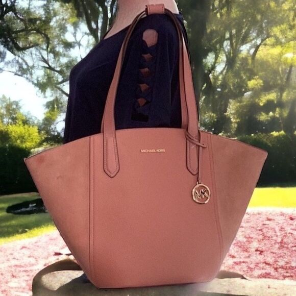 MICHAEL KORS NWT PORTIA SUNSET ROSE PINK LARGE LEATHER TOTE BUCKET SHOULDER BAG - Picture 3 of 10